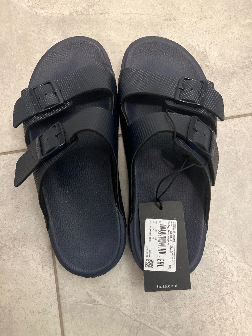 Boss Navy Double-Buckle Slide Sandals